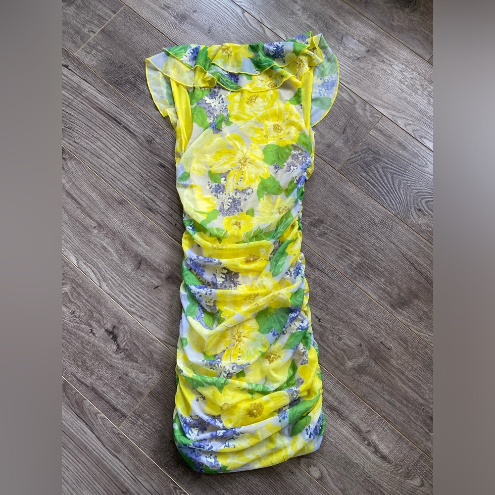 NWT Zara Yellow Floral Print Ruched Tulle Mini Dress - Picture 9 of 16